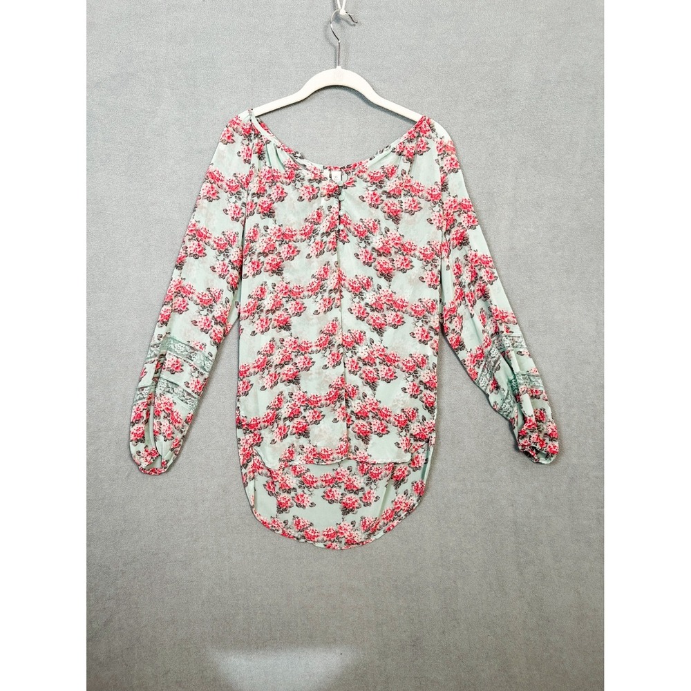 LC Lauren Conrad Women XS Floral Blouse Mint Pink Lace Inset Long Sleeve Top